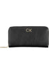 Black leather wallet with gold "CK" initials and a gold zipper pull.