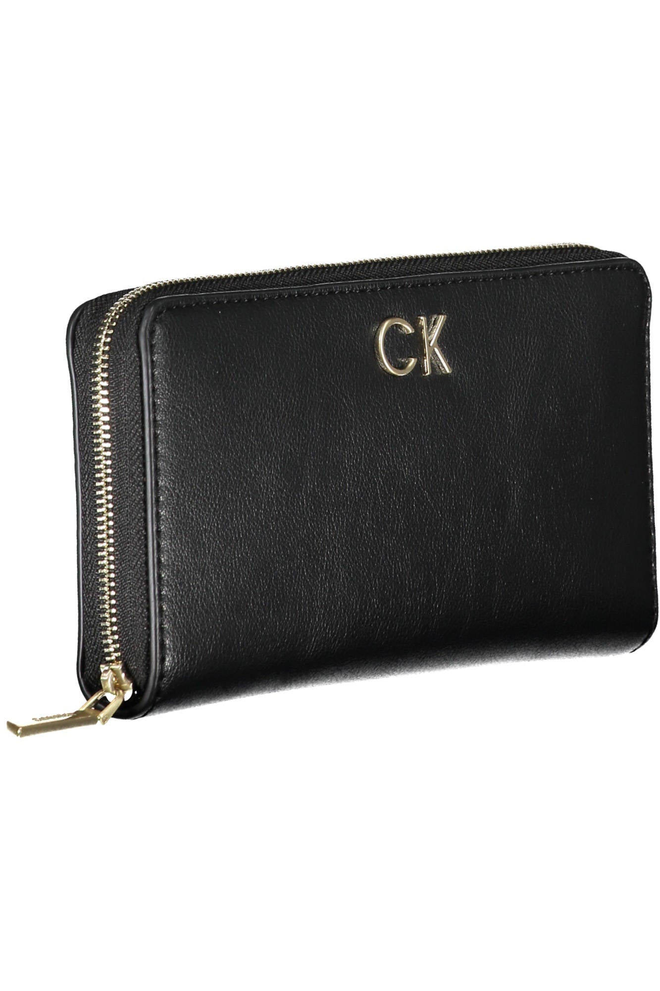 Black leather wallet with gold "CK" initials and a gold zipper along the edge.