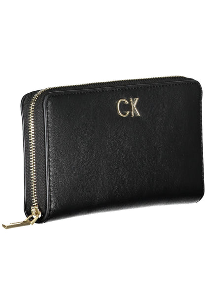 Black leather wallet with gold "CK" initials and a gold zipper along the edge.