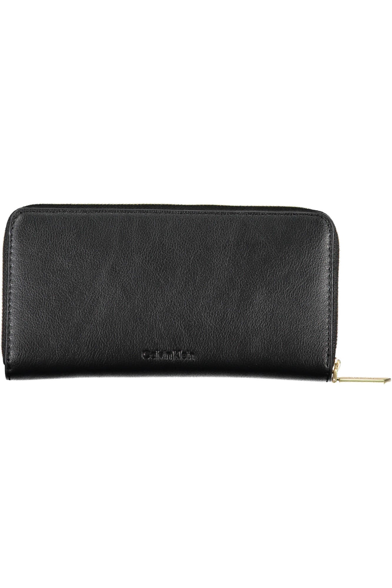 Black leather wallet with gold zip closure, embossed logo centered on the front.