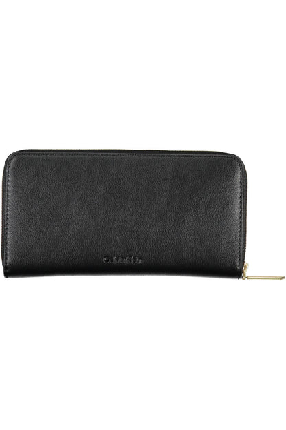 Black leather wallet with gold zip closure, embossed logo centered on the front.