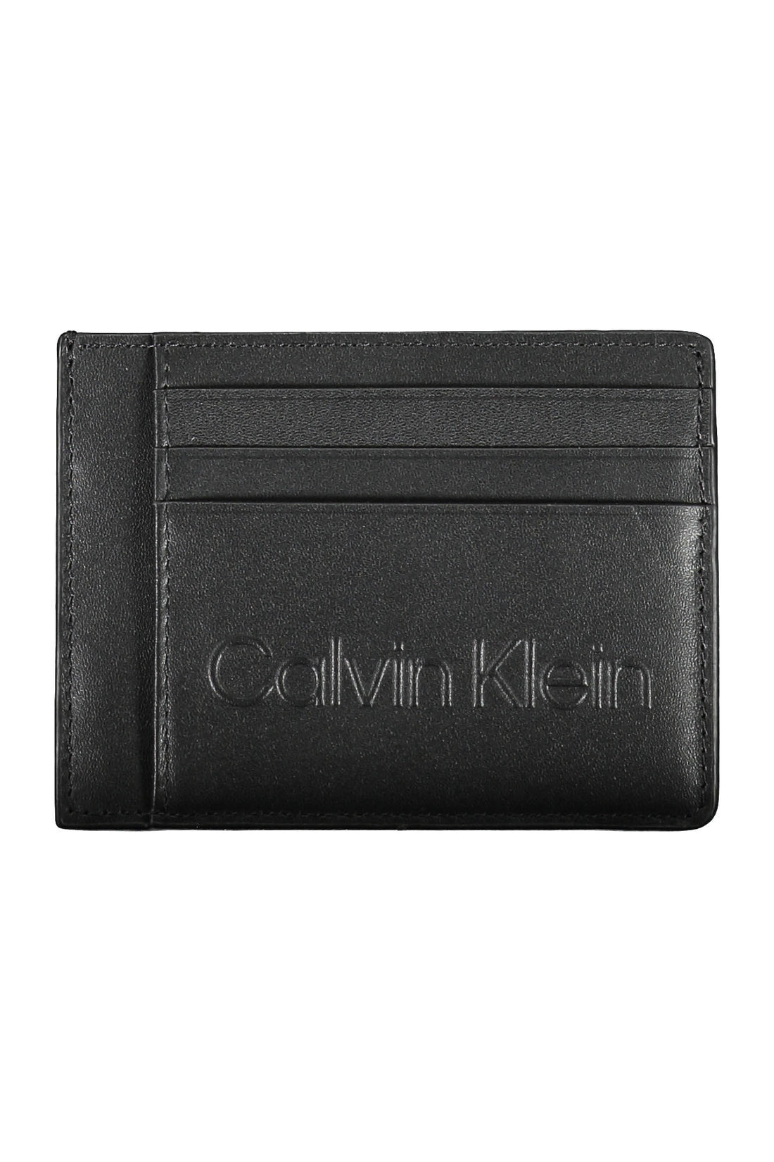 Black leather cardholder with embossed branding and multiple card slots on a plain white background.