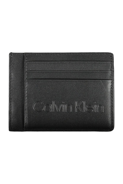 Black leather cardholder with embossed branding and multiple card slots on a plain white background.