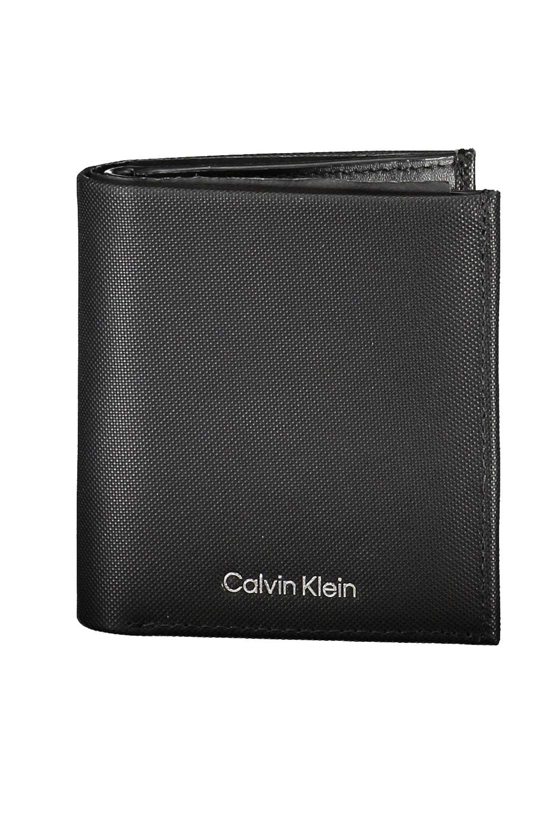 Black textured wallet with "Calvin Klein" in white text on the front, slightly open.