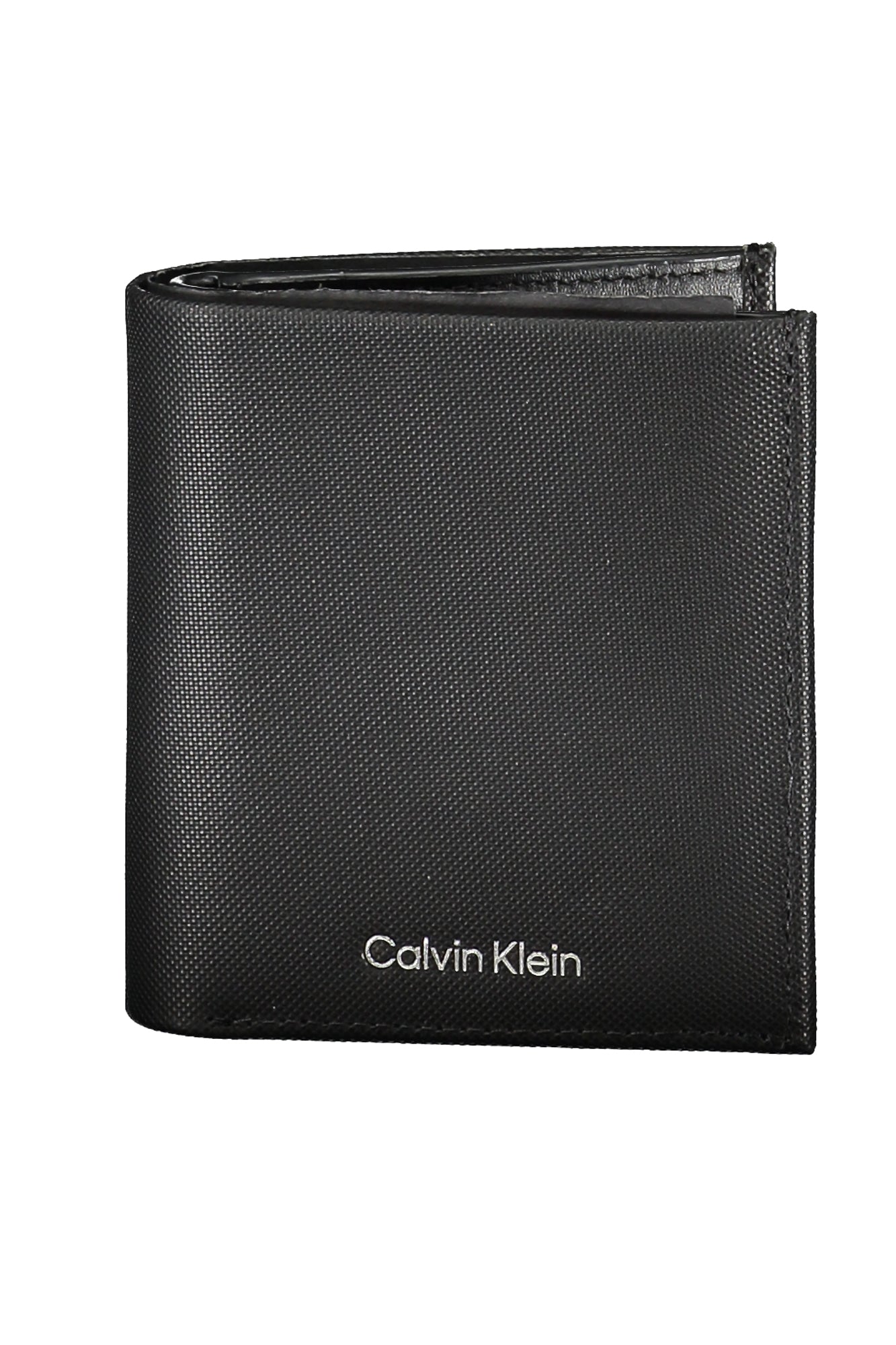 Black textured wallet with "Calvin Klein" in white text on the front, slightly open.