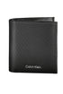 Black textured wallet with "Calvin Klein" in white text on the front, slightly open.