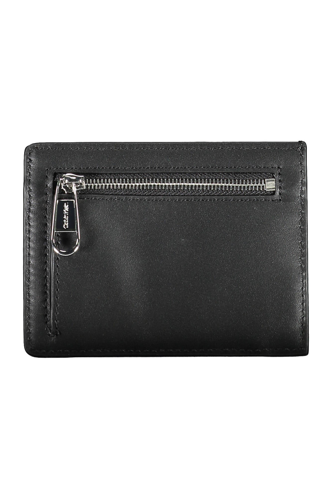 Black wallet with a smooth texture and a silver zipper on the front.