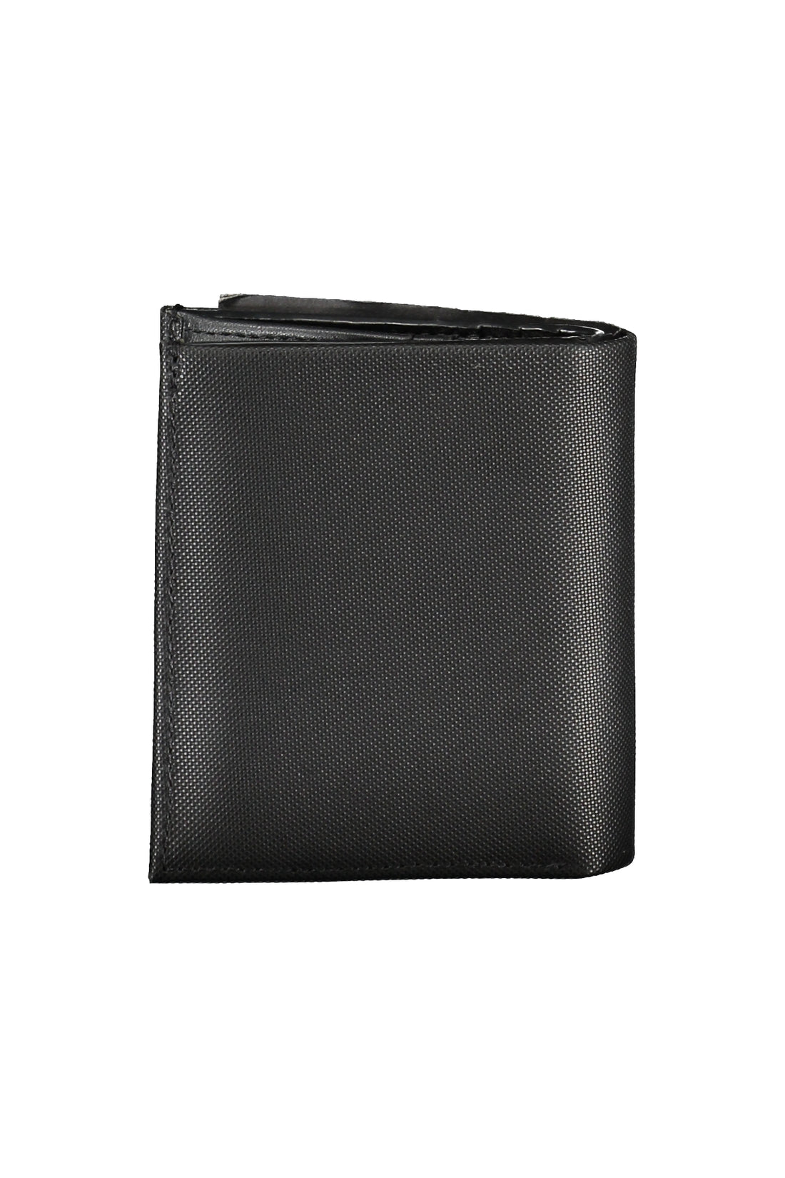 Black textured wallet, closed and standing upright, with a smooth, sleek appearance.