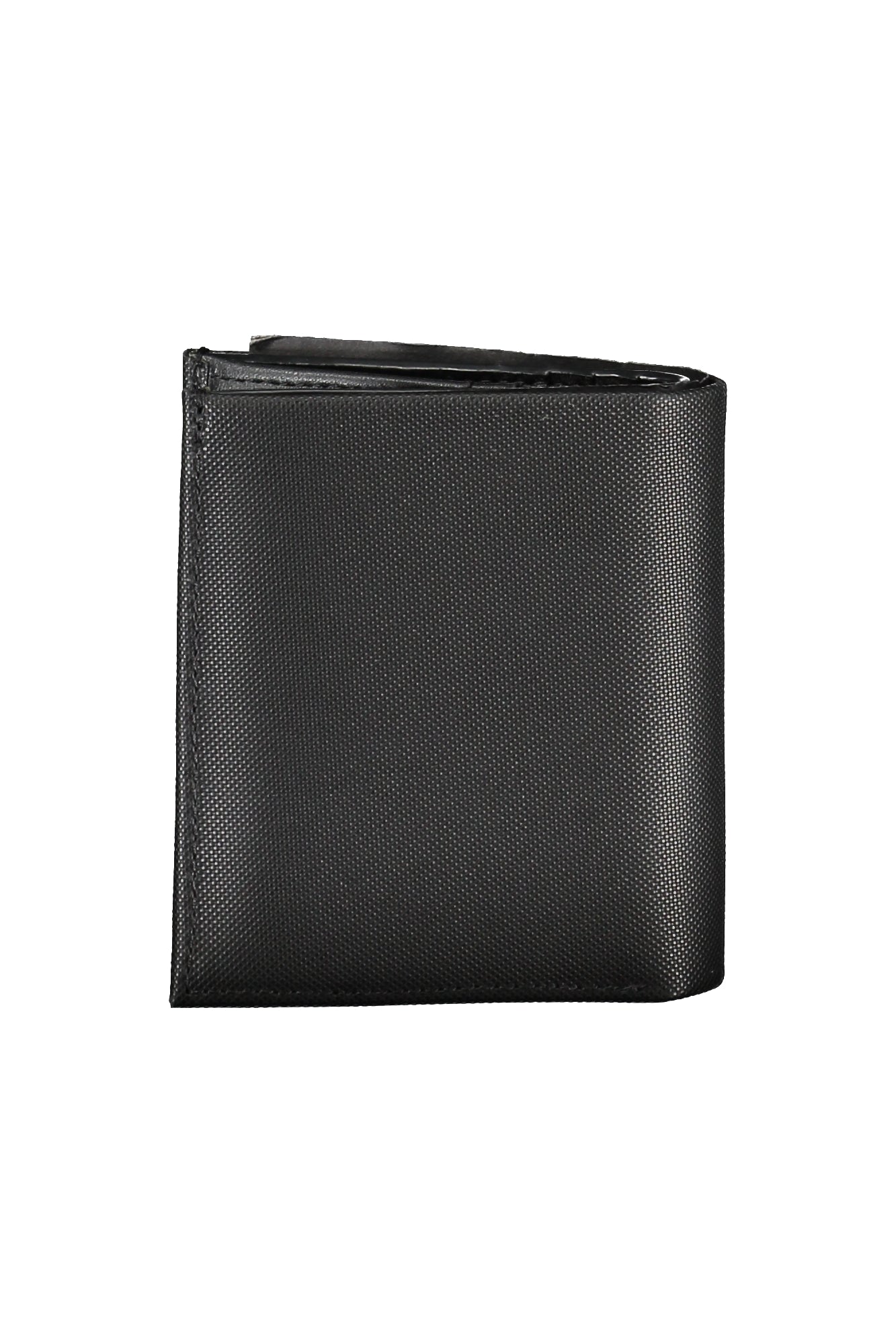 Black textured wallet, closed and standing upright, with a smooth, sleek appearance.