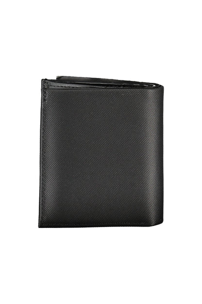 Black textured wallet, closed and standing upright, with a smooth, sleek appearance.