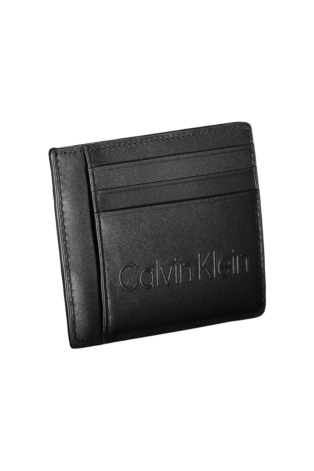 Black leather wallet with embossed brand logo and three card slots on the front.