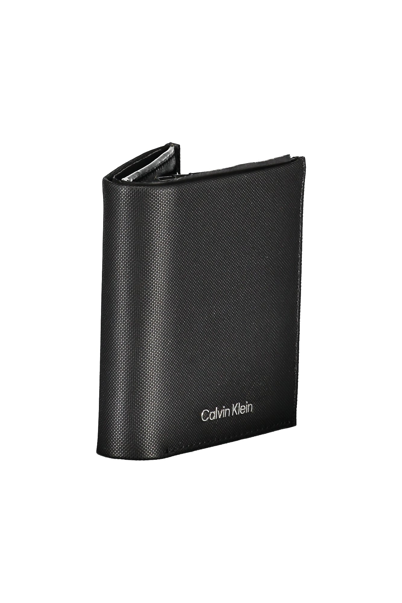 Black textured leather wallet with "Calvin Klein" logo in white on the front.