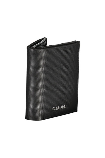 Black textured leather wallet with "Calvin Klein" logo in white on the front.
