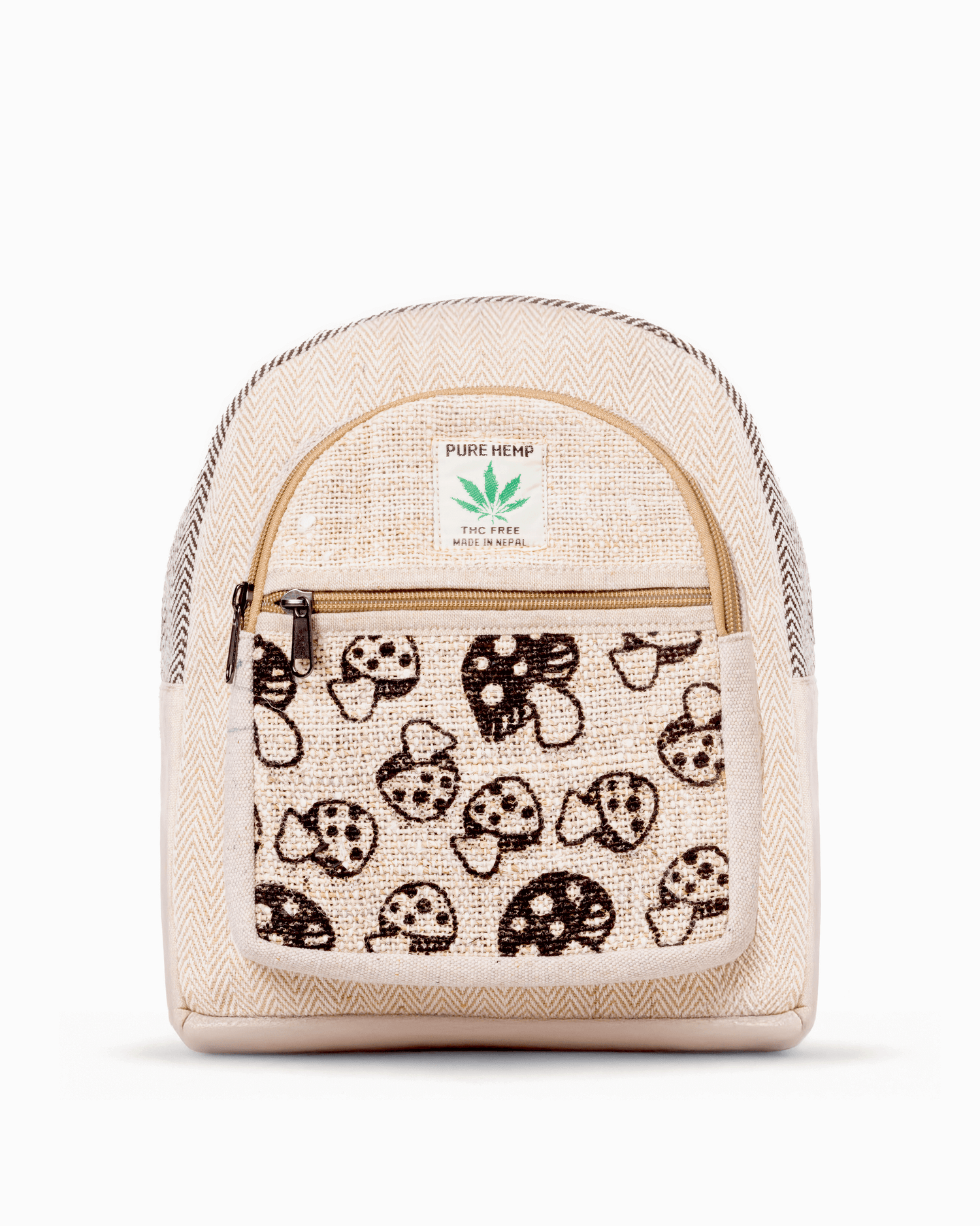 Beige backpack with black mushroom pattern on front pocket, hemp tag, and chevron trim.