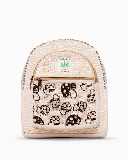 Beige backpack with black mushroom pattern on front pocket, hemp tag, and chevron trim.