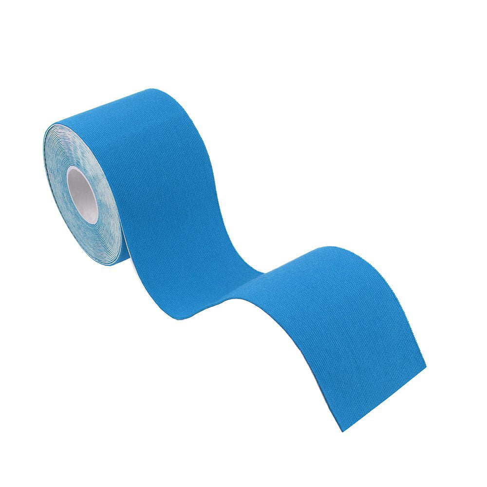 Blue kinesiology tape roll unrolled on a white background.