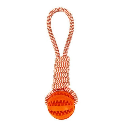 Orange rope dog toy with a loop handle and a textured rubber ball at the end.