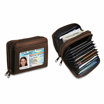 Brown zippered wallet displaying a driver&
