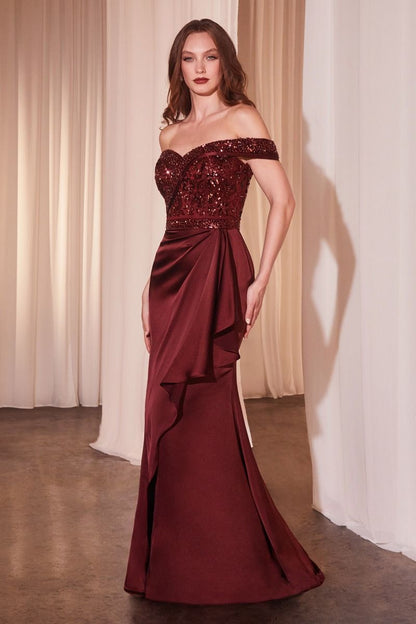 Off The Shoulder Satin &amp; Beaded Gown-0