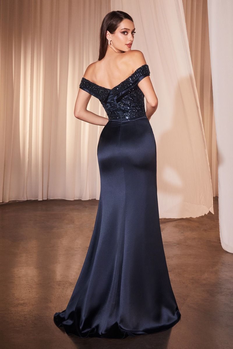 Off The Shoulder Satin &amp; Beaded Gown-3