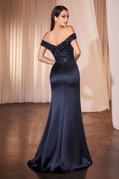 Off The Shoulder Satin &amp; Beaded Gown-3