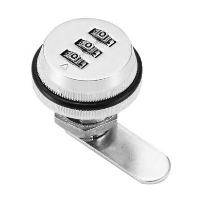 Silver combination cam lock with a round dial and black rubber ring.