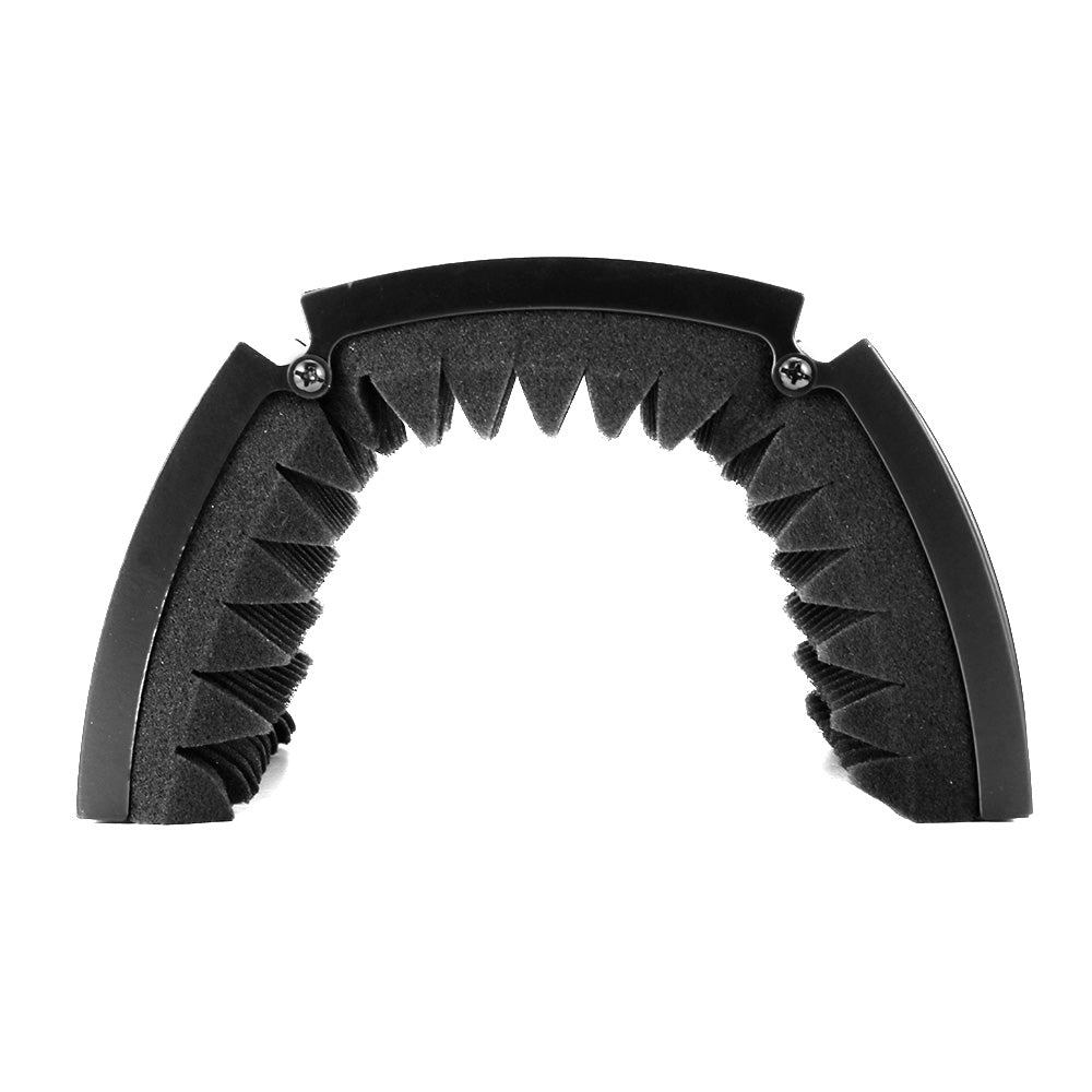 Black arched tool with triangular bristles, screws, and textured edges against a white background.