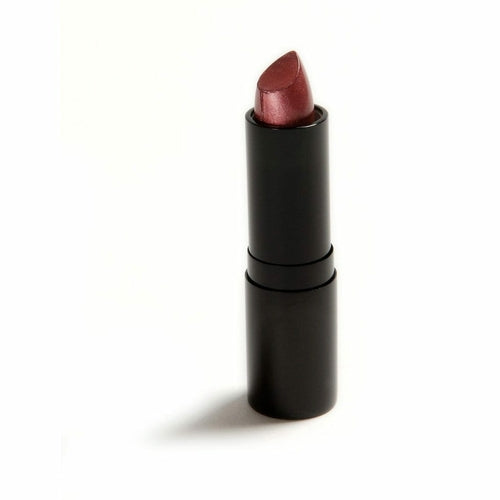 Dark pink lipstick in black tube, standing upright on white background.