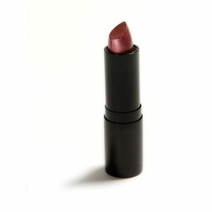 Dark pink lipstick in black tube, standing upright on white background.