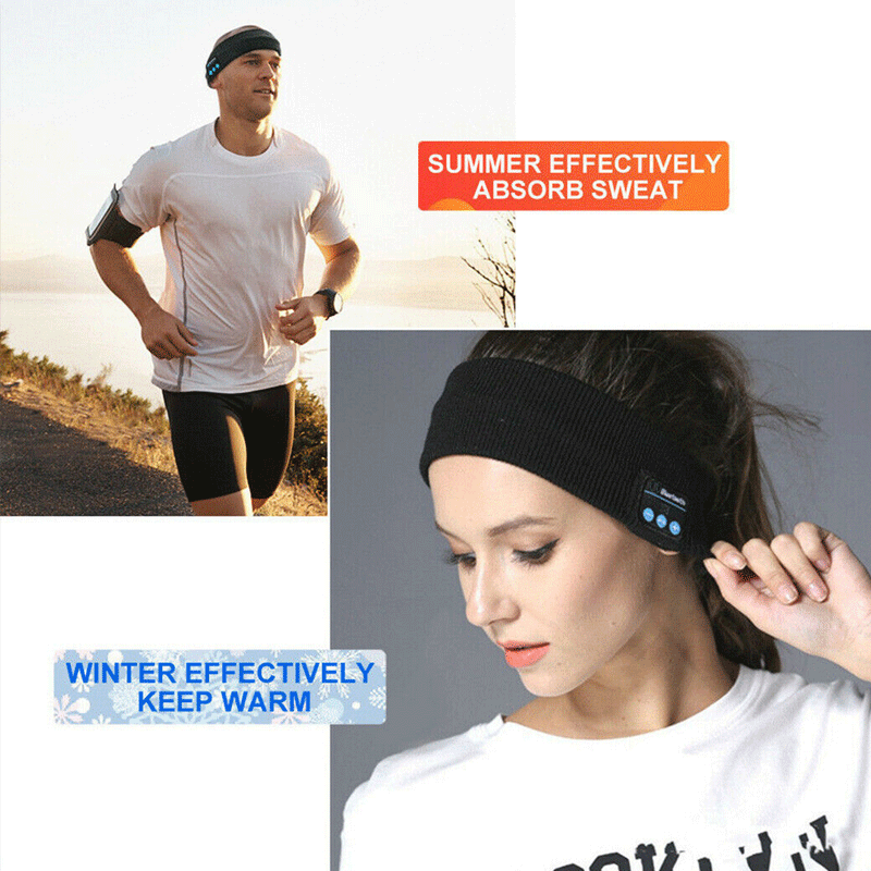 Man running by water, woman with black headband; text: "Summer absorb sweat," "Winter keep warm."