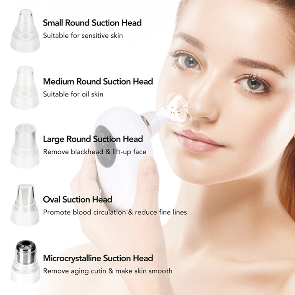 Woman using a white facial vacuum device with interchangeable suction heads and text descriptions.