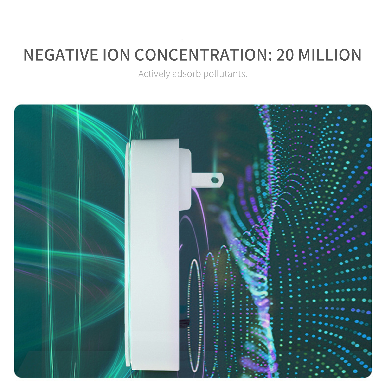 White device on a colorful dotted background with text about a 20 million negative ion concentration.