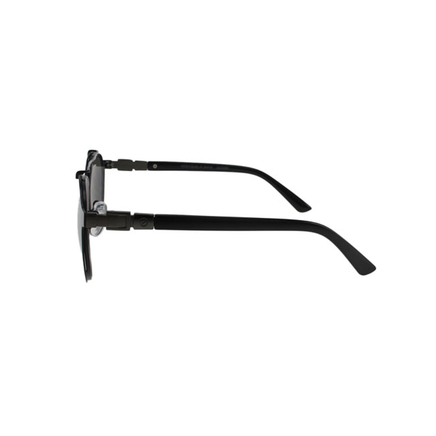 Side view of black rectangular eyeglasses with dark temples and clear nose pads.