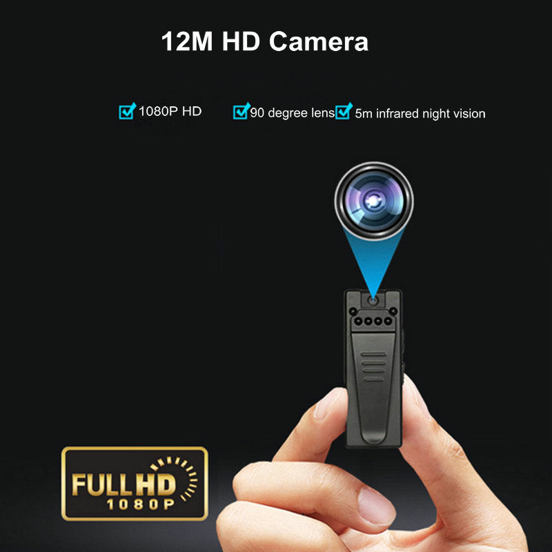 Hand holding a small black camera with lens and text: 12M HD, 1080P, 90° lens, infrared night vision.