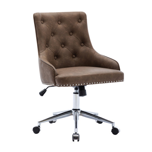 Brown tufted office chair with silver nailhead trim, chrome base, and black casters.