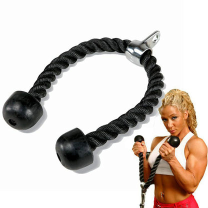 Black tricep rope with rubber ends and chrome attachment, held by a woman in workout attire.