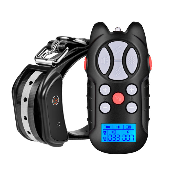 Black remote and collar with blue LCD screen and buttons for a training device.