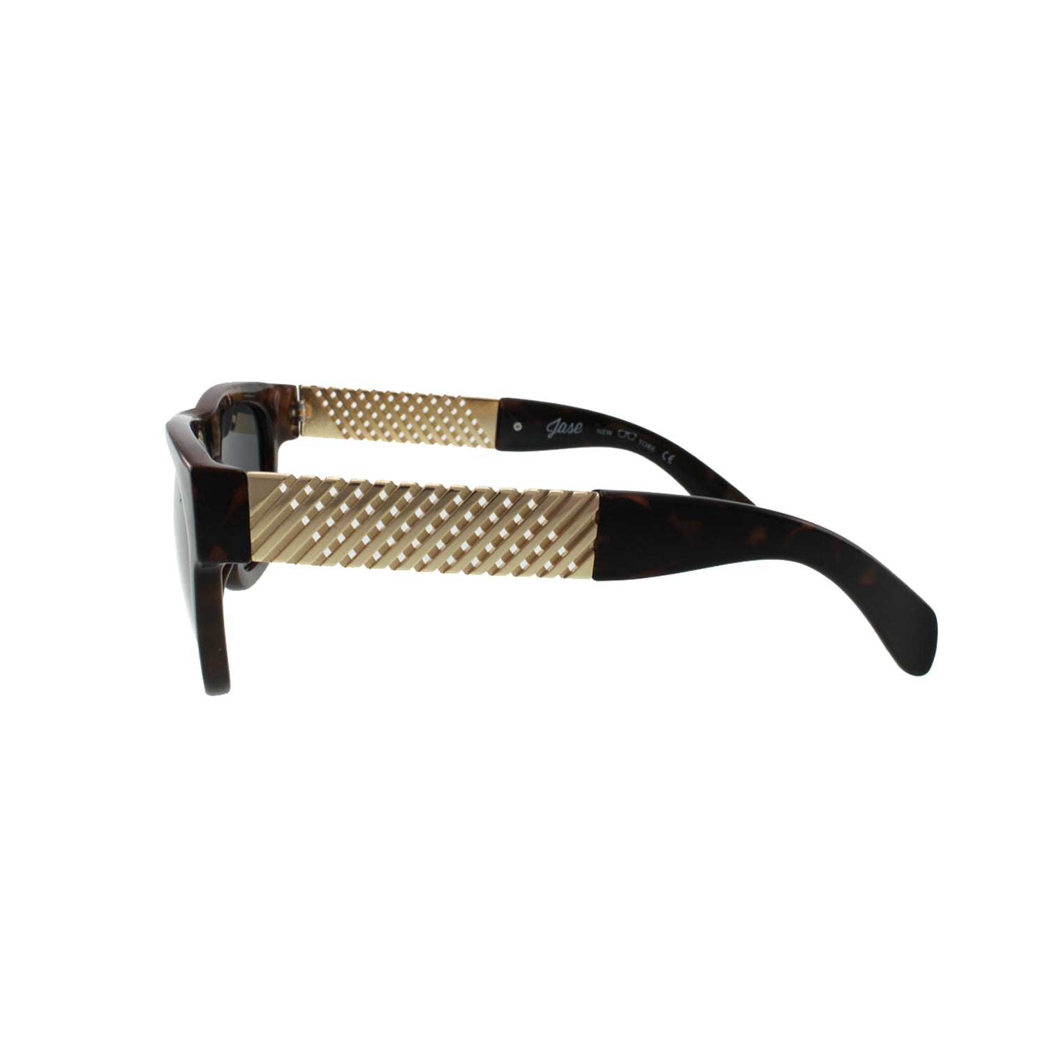 Sunglasses with dark brown tortoiseshell frame and gold checkered side details.