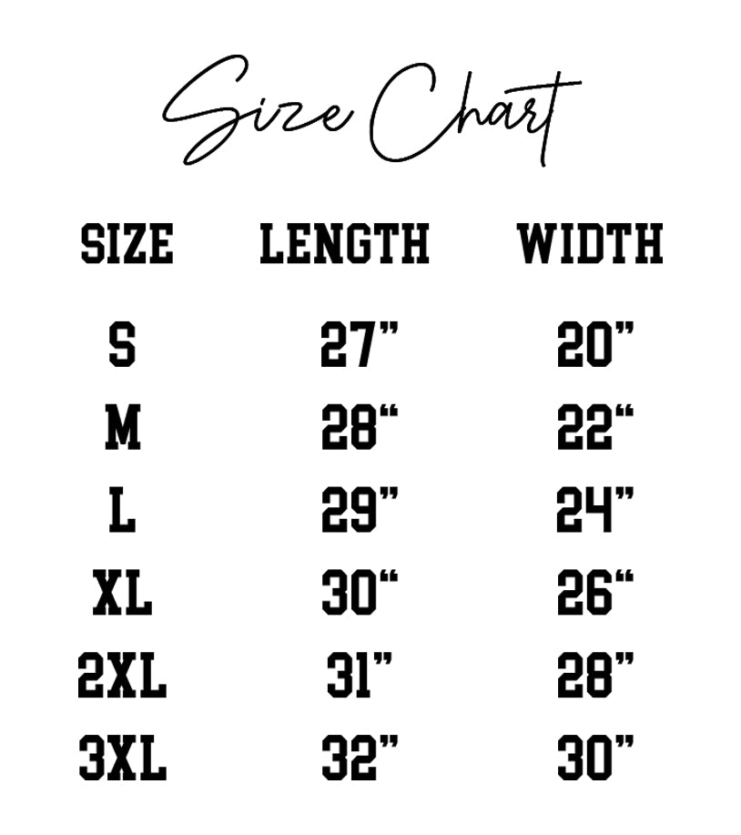 Size chart with sizes S to 3XL, displaying lengths from 27" to 32" and widths from 20" to 30".