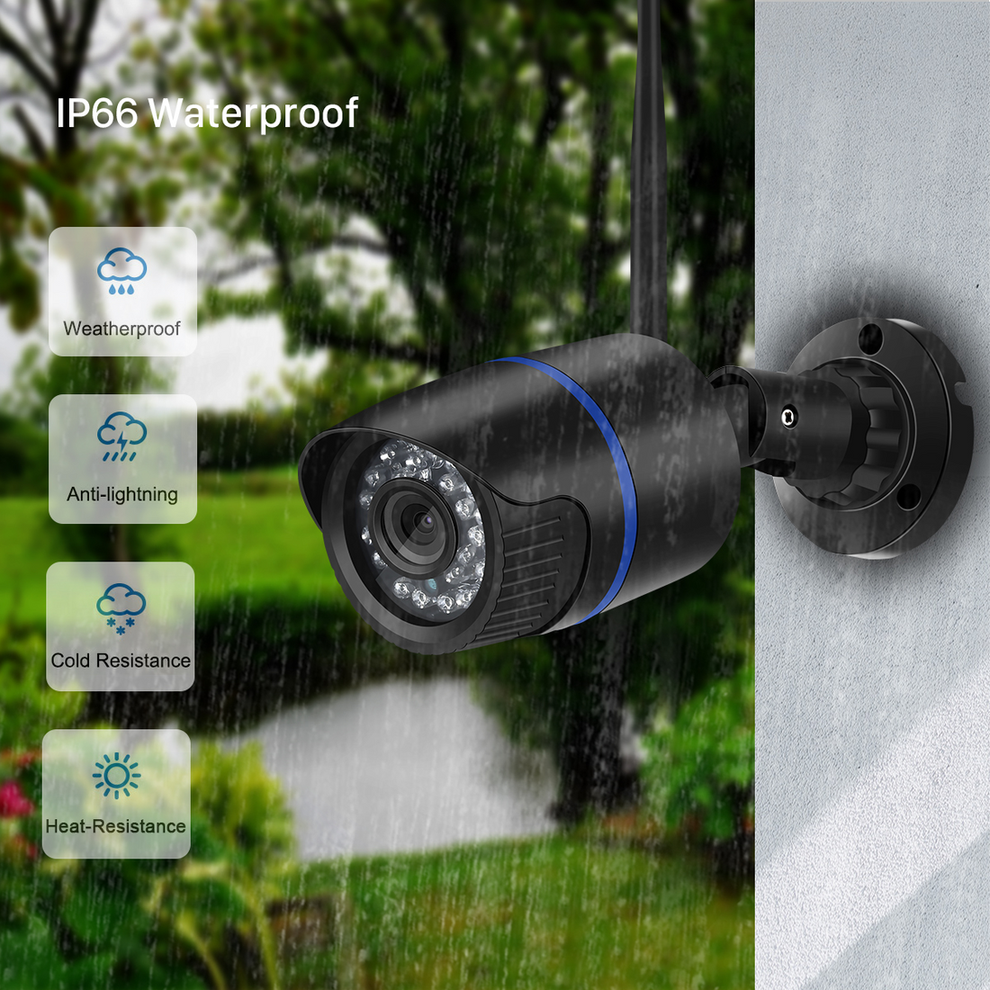 Black outdoor security camera mounted on a wall in the rain, showcasing waterproof features.