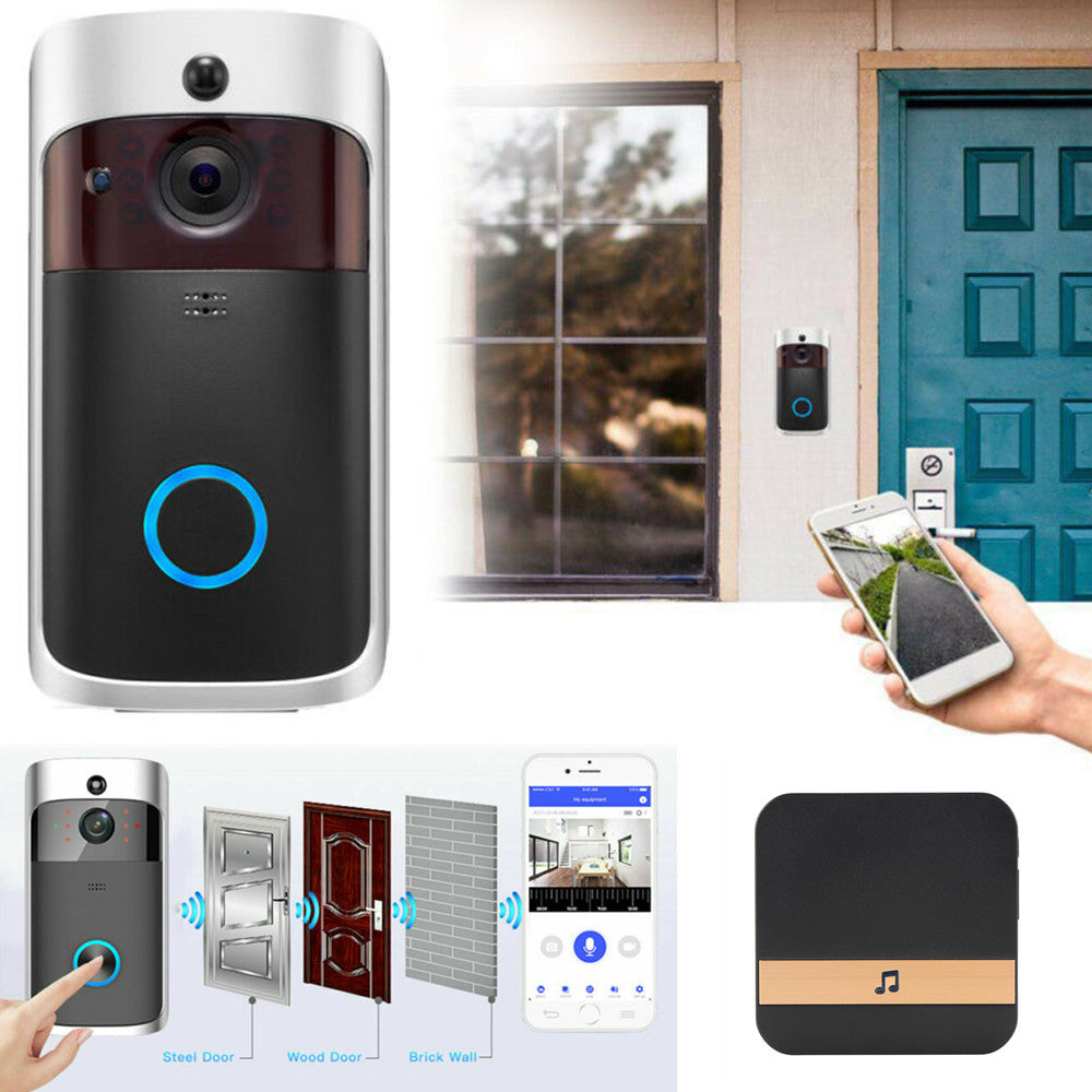 Smart doorbell with a camera, smartphone app, blue door, and wireless connectivity illustration.