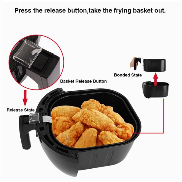 Air fryer basket with fried food, release button highlighted; instructions to remove basket.