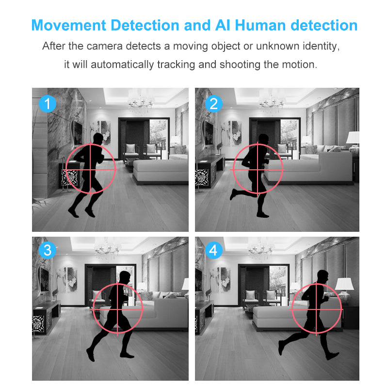 Silhouette of a person running in a living room, targeted by red circles in four black-and-white frames.