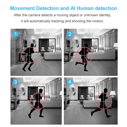 Silhouette of a person running in a living room, targeted by red circles in four black-and-white frames.