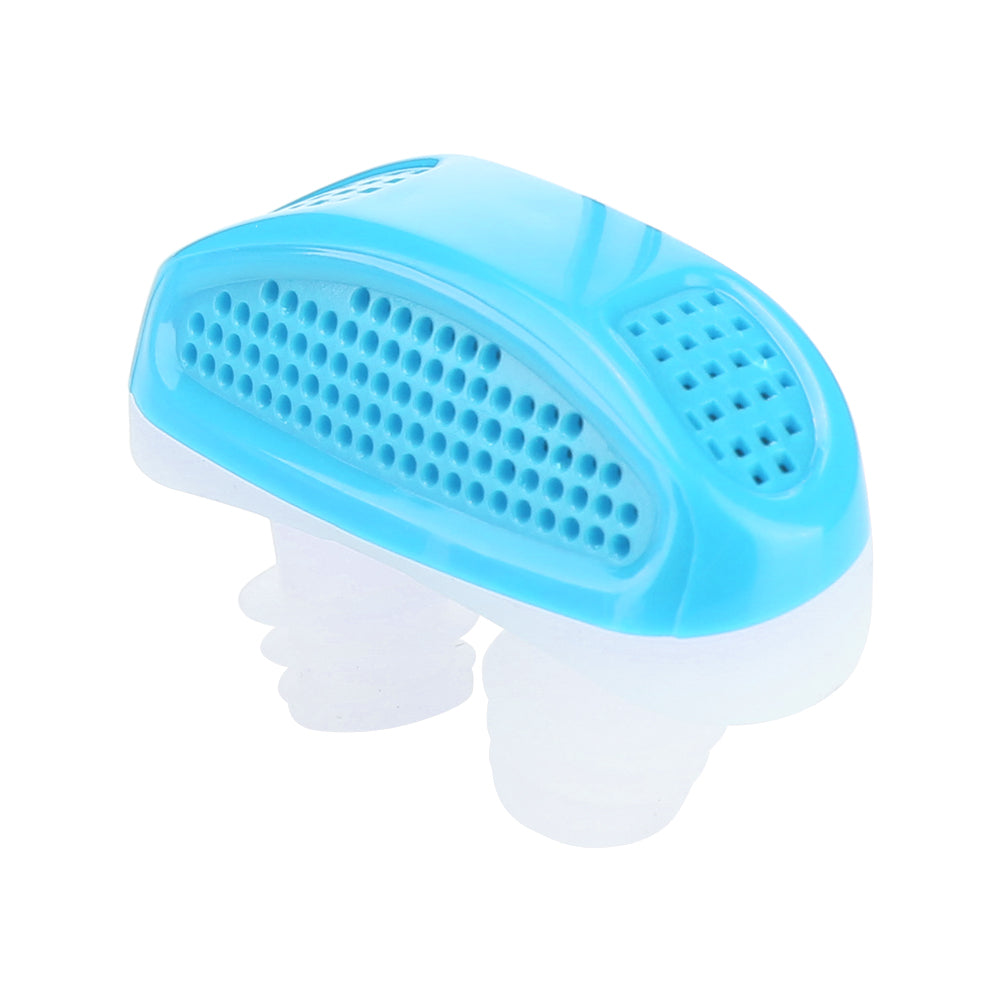 Blue and white nose clip with a perforated top and curved design, featuring two silicone plugs.
