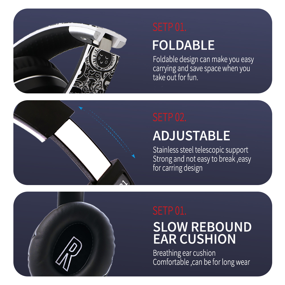 Foldable black headphones with stainless steel, slow rebound cushions, and decorative patterns.