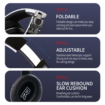 Foldable black headphones with stainless steel, slow rebound cushions, and decorative patterns.