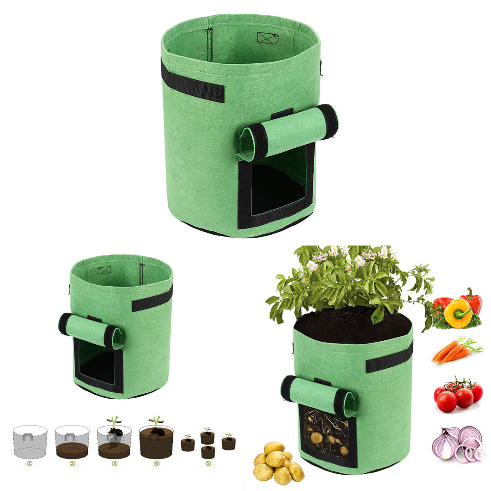 Green fabric planter with viewing flap, potatoes growing. Steps and vegetables shown beside.