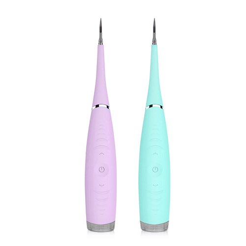 Two electric dental scalers stand upright; one is lavender and the other is mint green.