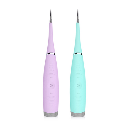 Two electric dental scalers stand upright; one is lavender and the other is mint green.